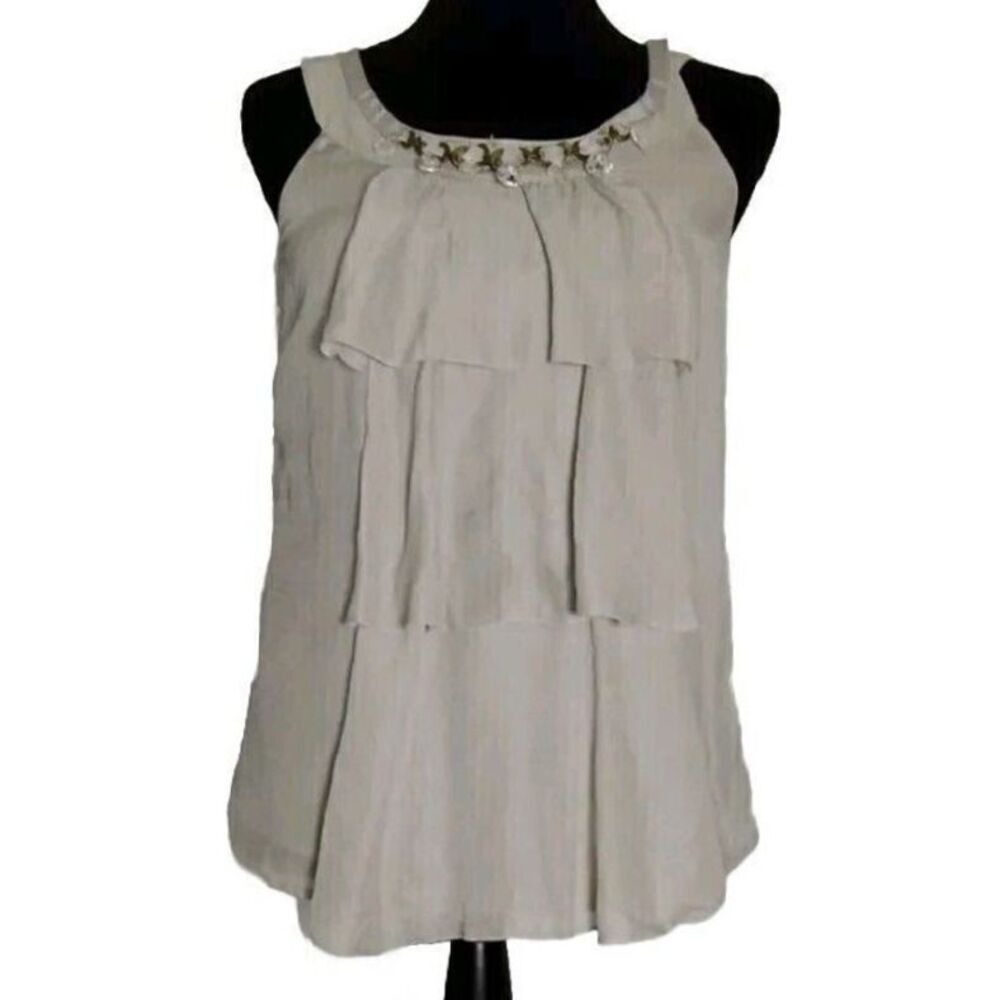 LOFT‎ Sleeveless Top Ruffle Front Beaded Neckline Casual Blouse XS
